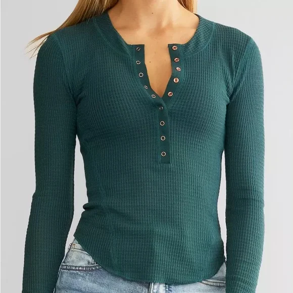 Free People One Of The Girls Henley Long Sleeve Top Jaded Green XS - Picture 4 of 7